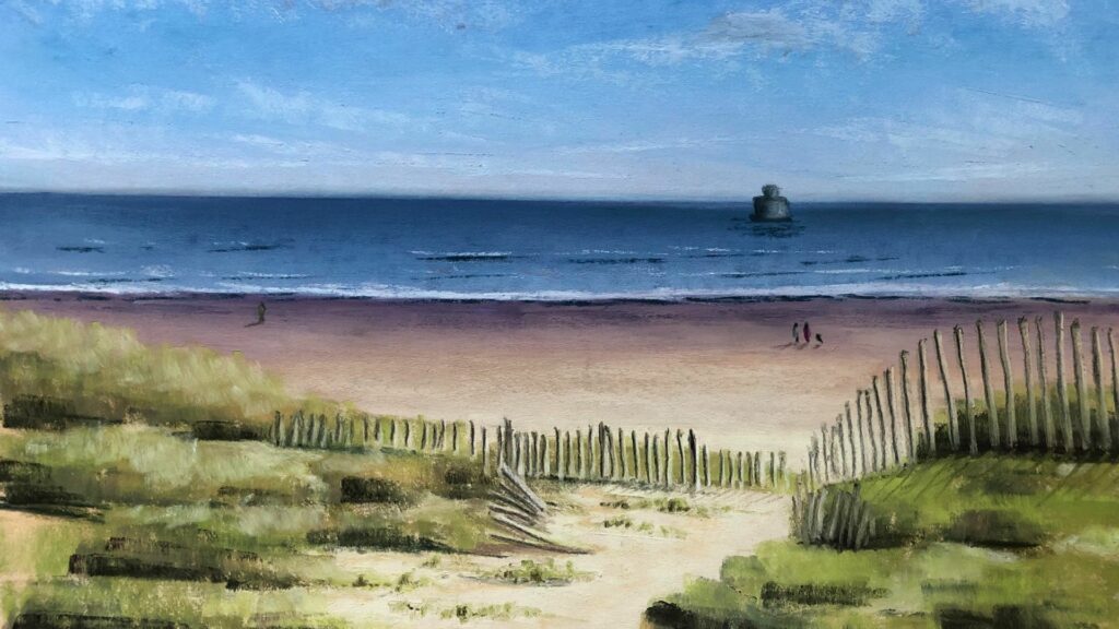 Geraldine Segre, Down to the Beach, Humberston Fitties, chalk pastel on paper, 30x20cm