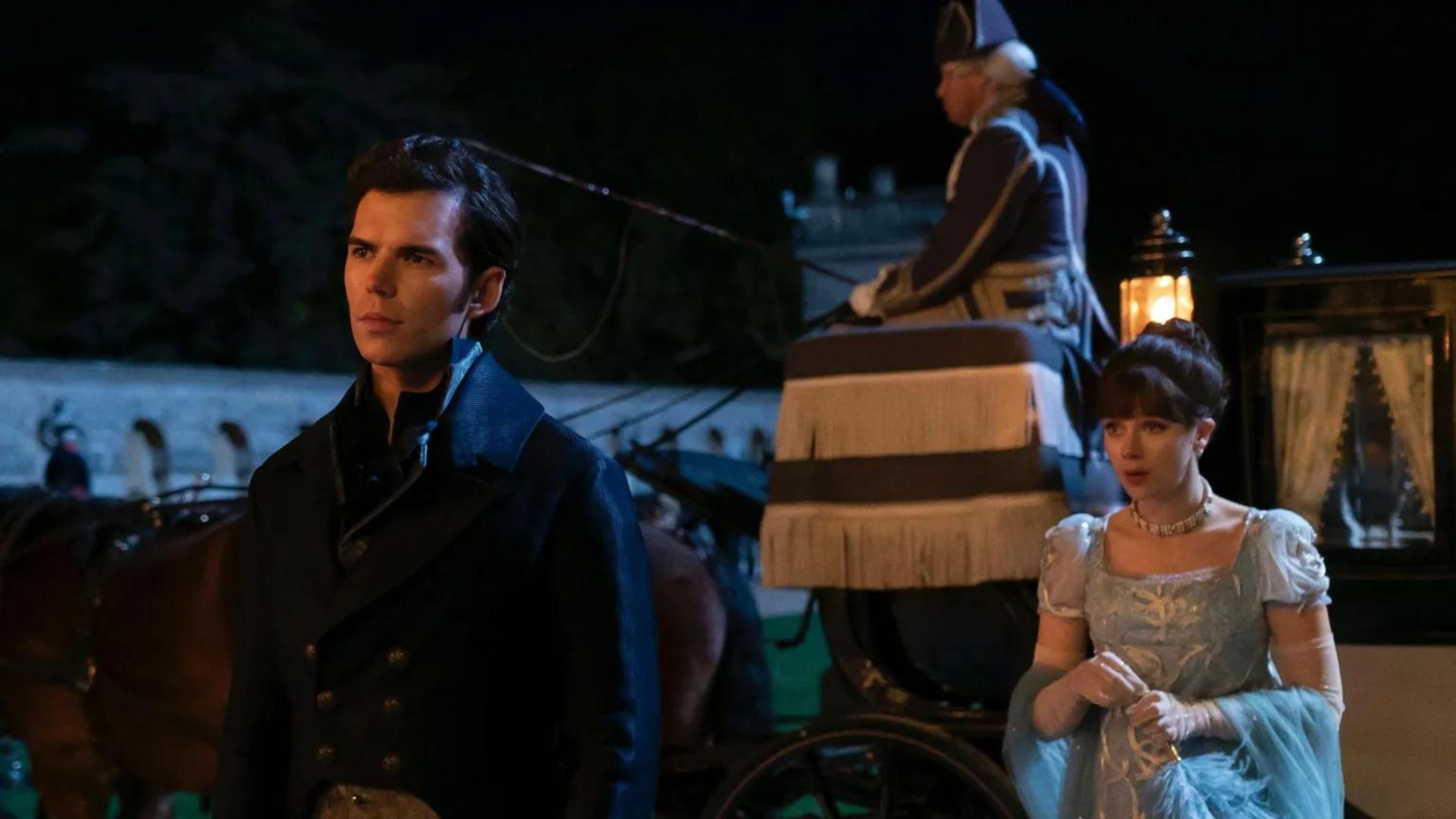 Grimsthorpe Castle Filming - Scene from Bridgerton - Colin Bridgerton and Eloise Bridgerton (c) Netflix