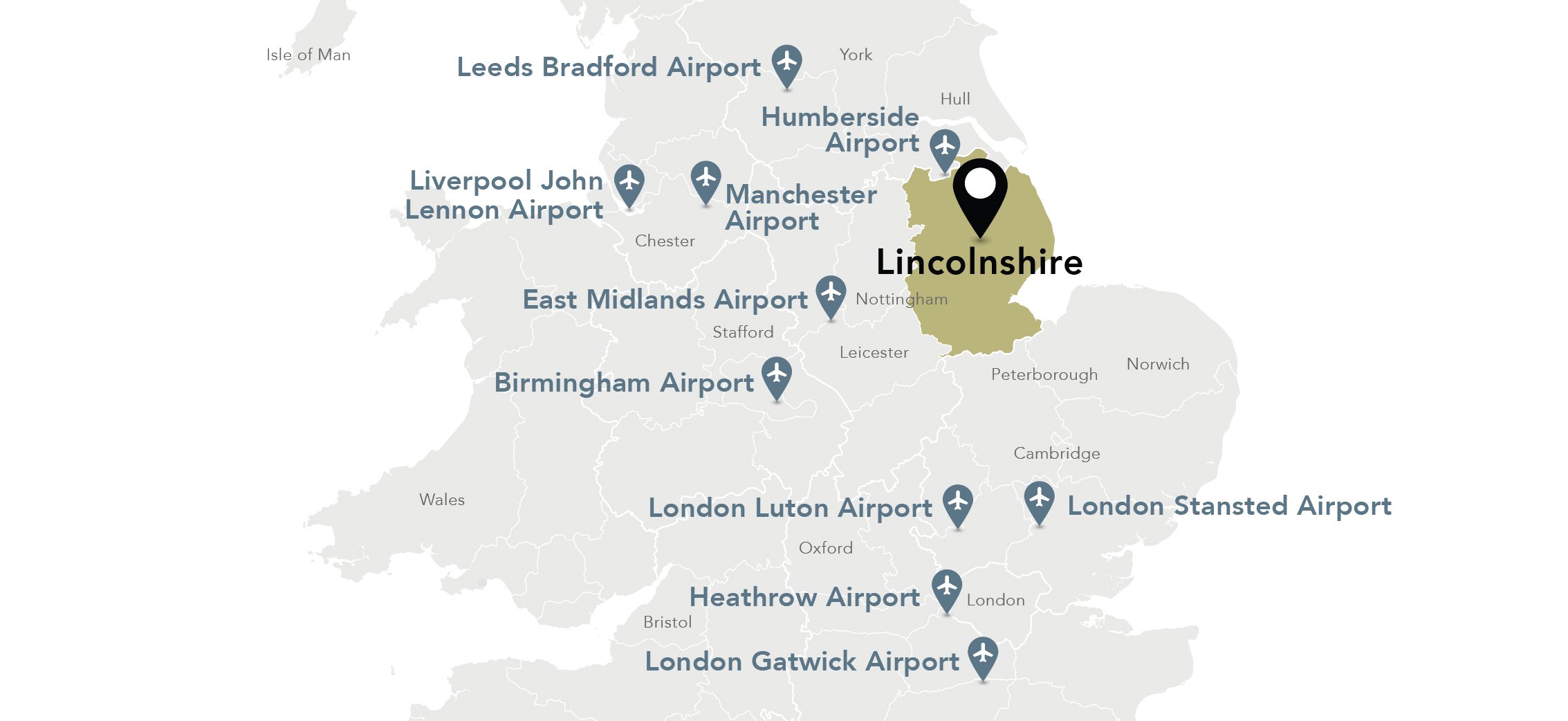 Map of airports in relation to Lincolnshire