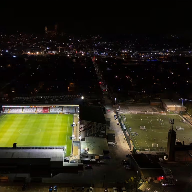 Lincoln City LNER Stadium Aerial Nighttime Lincoln City LNER Stadium Aerial Nighttime