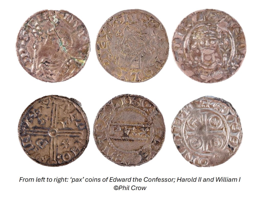 From left to right: 'pax' coins of Edward the Confessor; Harold Il and William / ©Phil Crow From left to right: 'pax' coins of Edward the Confessor; Harold Il and William / ©Phil Crow