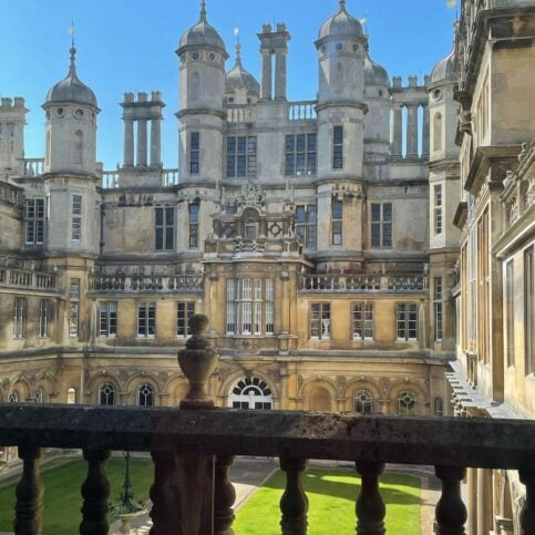 Looking over the balcony at Burghley House, in Lincolnshire.